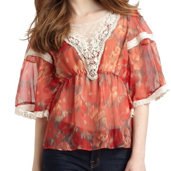 Free People Daydreamer Kimono Style Embroidered Top Lace Sheer Peasant Blouse S - Picture 2 of 9